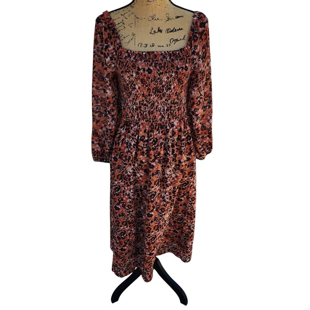 BeachLunchLounge Leopard Print Smocked Midi Dress Boho Peasant‎ Small